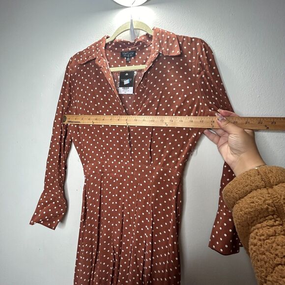 Topshop Brown Cream Polka-Dot 3/4 Sleeve Front Button Pleated Slit Maxi Dress 2 - Picture 11 of 14